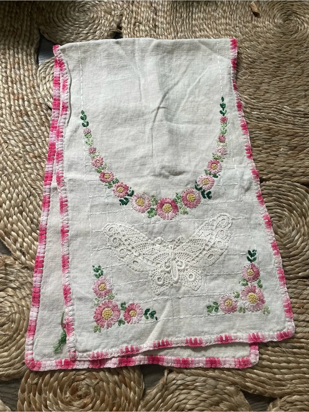 Vintage Embroidered Cotton Table Runner Butterfly Pink White